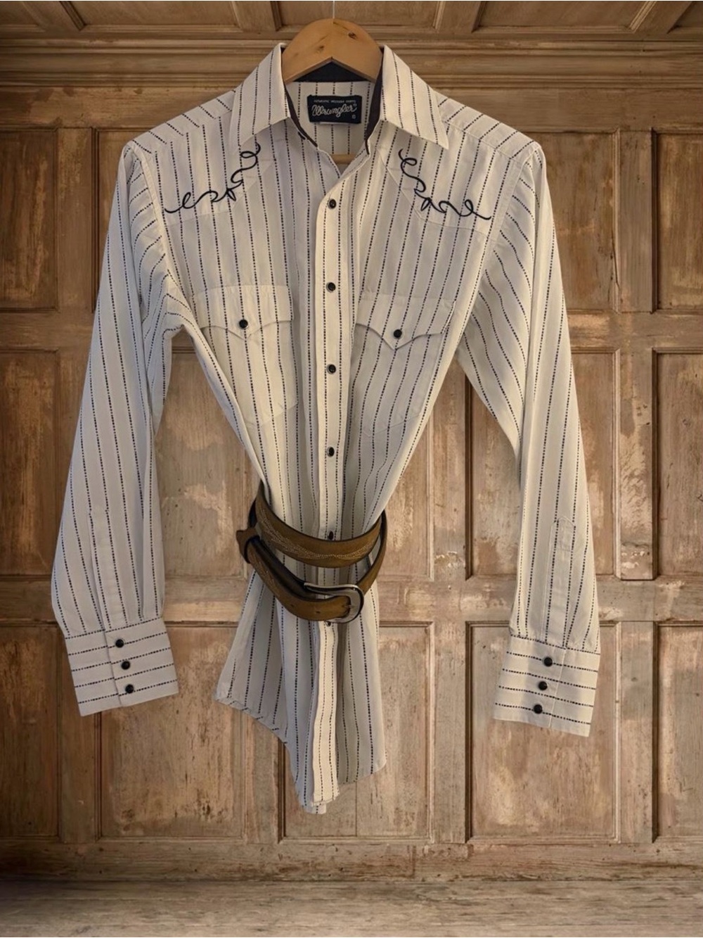 Wrangler Women’s White Button-Down Shirt with Black Pinstripes